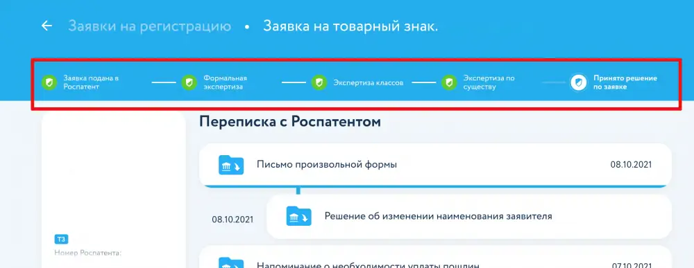 &nbsp; &nbsp; &nbsp; &nbsp; &nbsp; &nbsp; &nbsp; &nbsp; &nbsp; &nbsp; &nbsp; &nbsp; &nbsp; &nbsp; &nbsp; &nbsp; &nbsp; &nbsp; &nbsp; &nbsp;Пример этапов на таймлайне после подачи в Роспатент